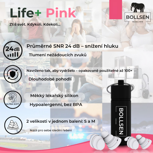 Balení BOLLSEN Life+ Pink Edition – dva páry špuntů do uší, hliníkové pouzdro a návod k použití