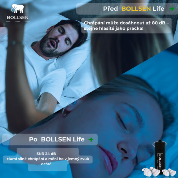 Před a po použití špuntů do uší BOLLSEN Life+ Pink Edition – snižte chrápání a klidně spěte