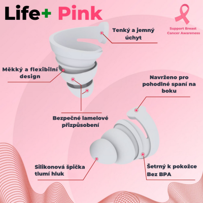 Schéma ušních špuntů BOLLSEN Life+ Pink Edition zobrazující měkké vrstvy a ergonomický design šetrný k pokožce