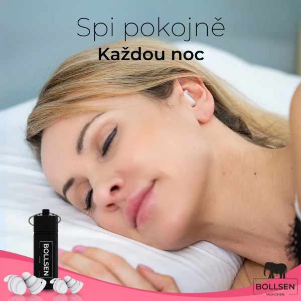 Žena klidně spí s ušními špunty do uší BOLLSEN Life+ Pink Edition – pohodlí a ochrana proti hluku